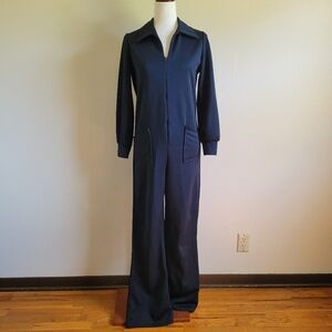 California Connection | 70s Vintage Black Flared Leg Polyester Jumpsuit
